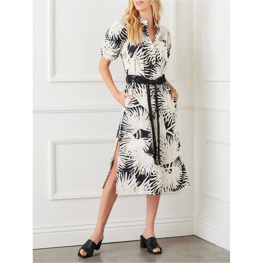 Karen Kane Womens XL Palm Print Midi Shirtdress Black White Macrame Belt‎ USA